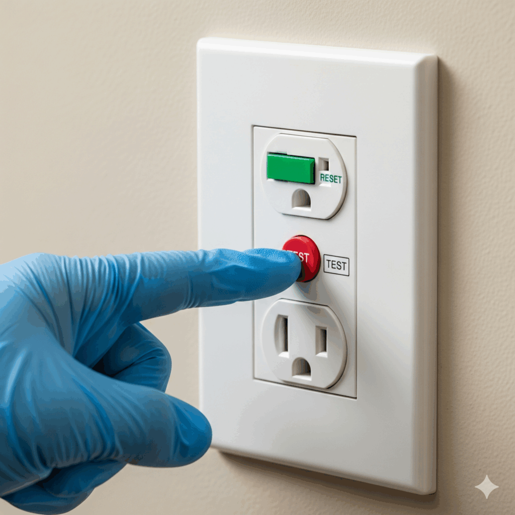 A close-up image of a professional's gloved hand pressing the 'TEST' button on a newly installed GFCI outlet to verify its functionality and ensure the device is ready to protect against ground faults.