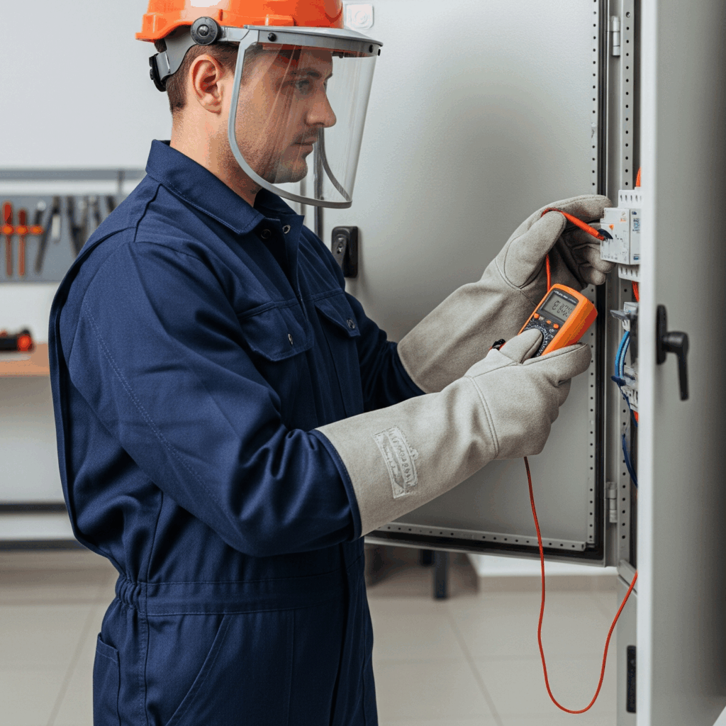 an electrician in PPE kit performing task