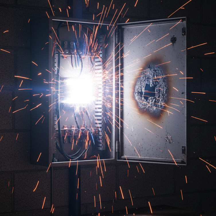 A dark, dramatic photograph of a large electrical panel box on a brick wall, with the door blown open and severe burn marks. A bright, white light and orange sparks erupt from the panel's interior, with tools scattered on a table in the foreground.