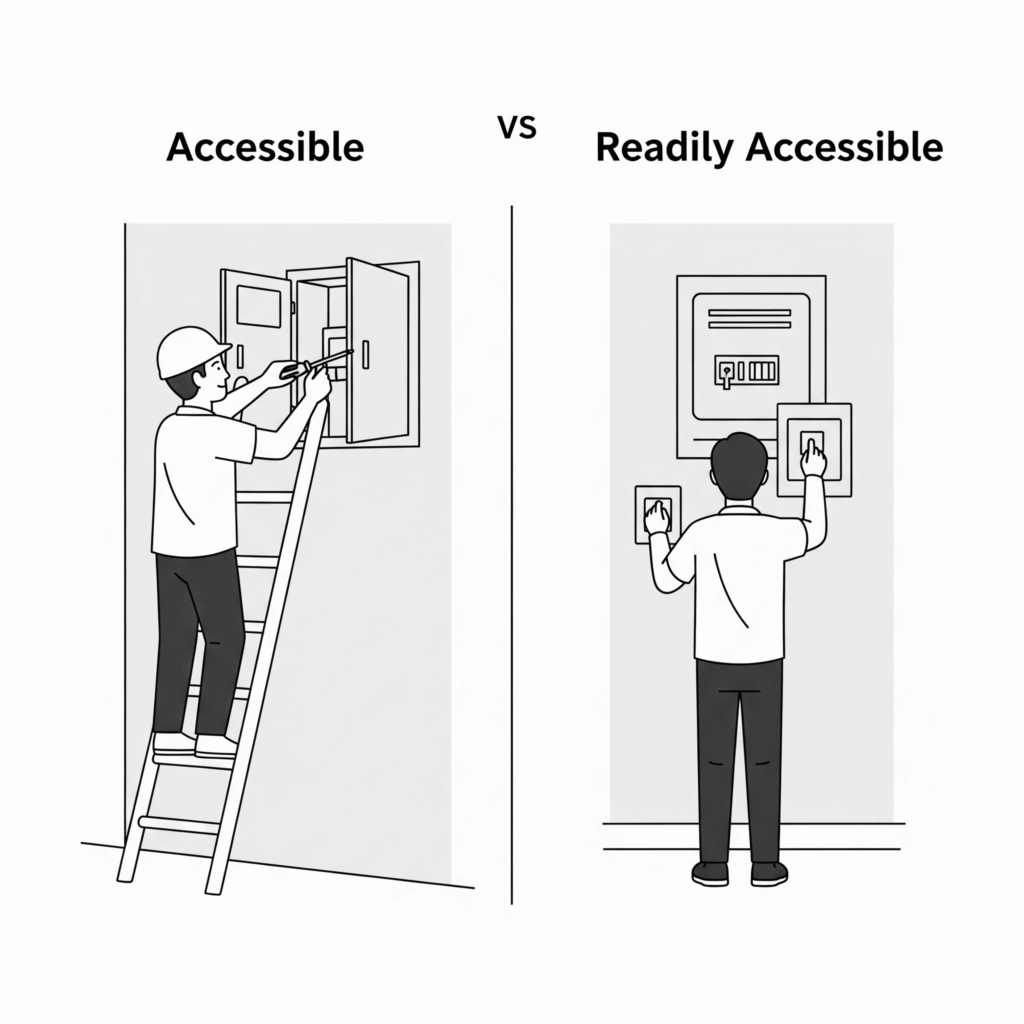 Diagram showing 'Accessible' (electrician on ladder using tools to open a panel) vs. 'Readily Accessible' (person easily reaching an electrical panel/switches on a wall), illustrating NEC definitions for electrical equipment.
