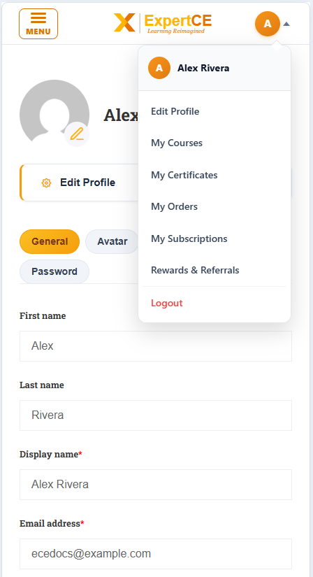 The account menu open on a phone, with Edit Profile at the top