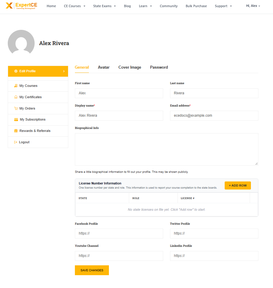 The Edit Profile page on a computer, showing the License Number Information table with an Add Row button