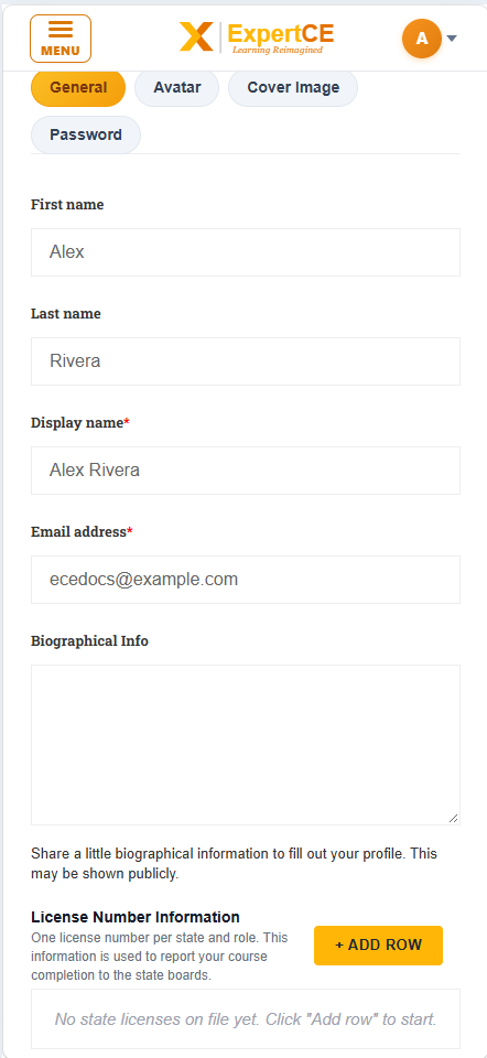 The Edit Profile page on a phone, scrolled to License Number Information