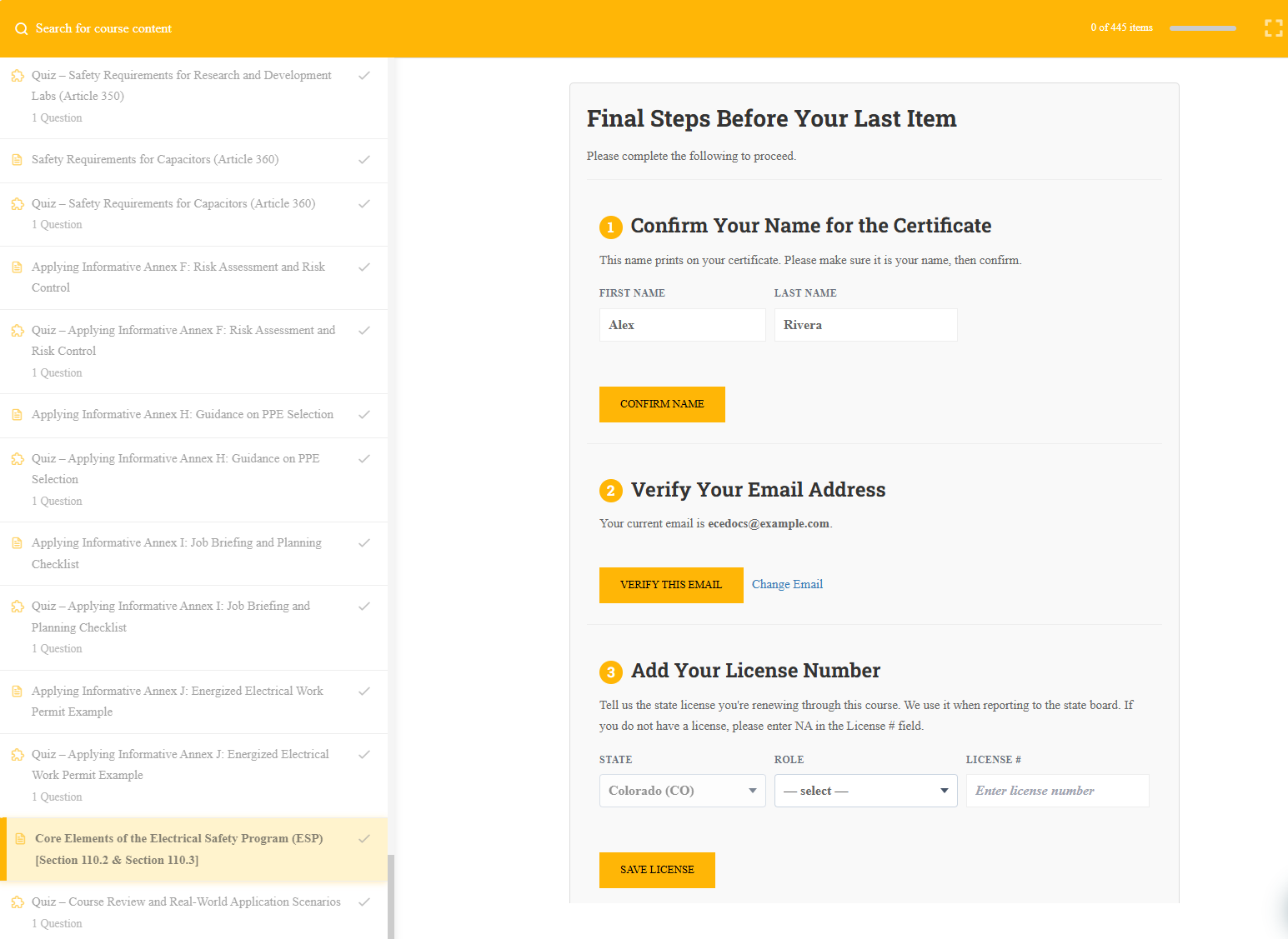 The Final Steps panel at the end of a course on a computer, showing confirm your name, verify your email, and add your license number