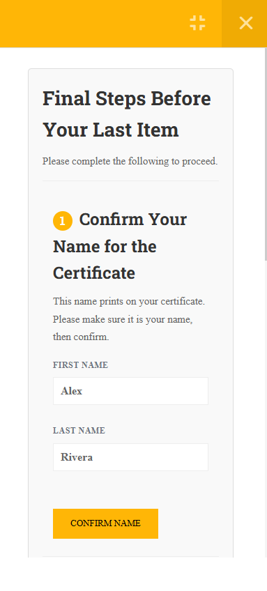 The Final Steps panel on a phone, showing the confirm your name step