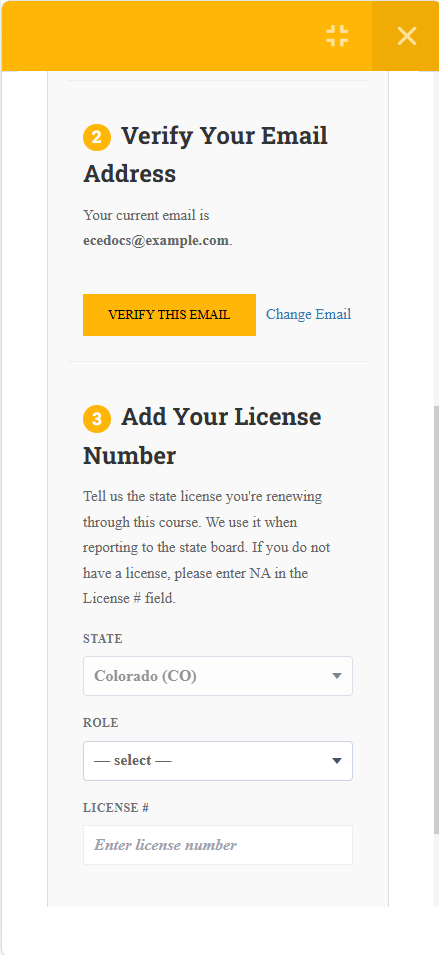 The Final Steps panel on a phone, scrolled down to the verify email and add license number steps