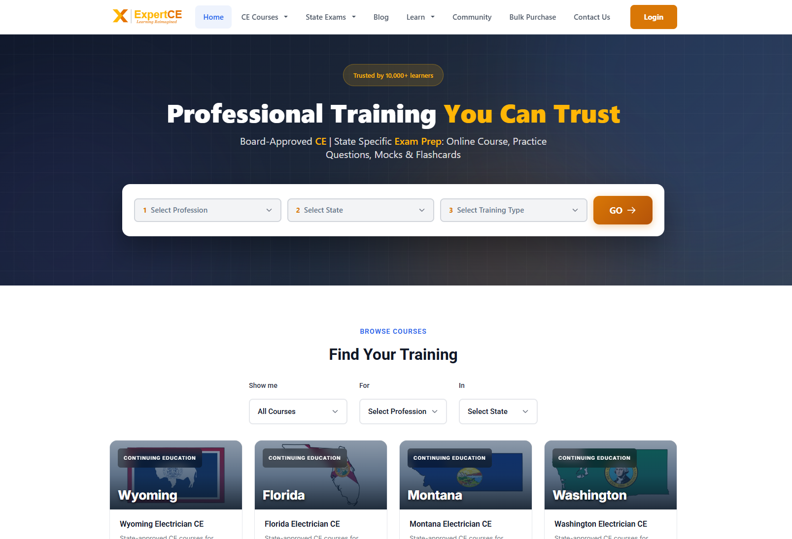 The ExpertCE home page on a computer, with the Login button at the top right of the menu bar