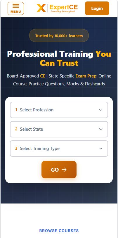 The ExpertCE home page on a phone, with the Login button at the top right beside the menu