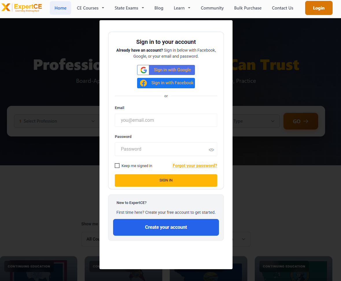 The sign-in box open over the home page on a computer
