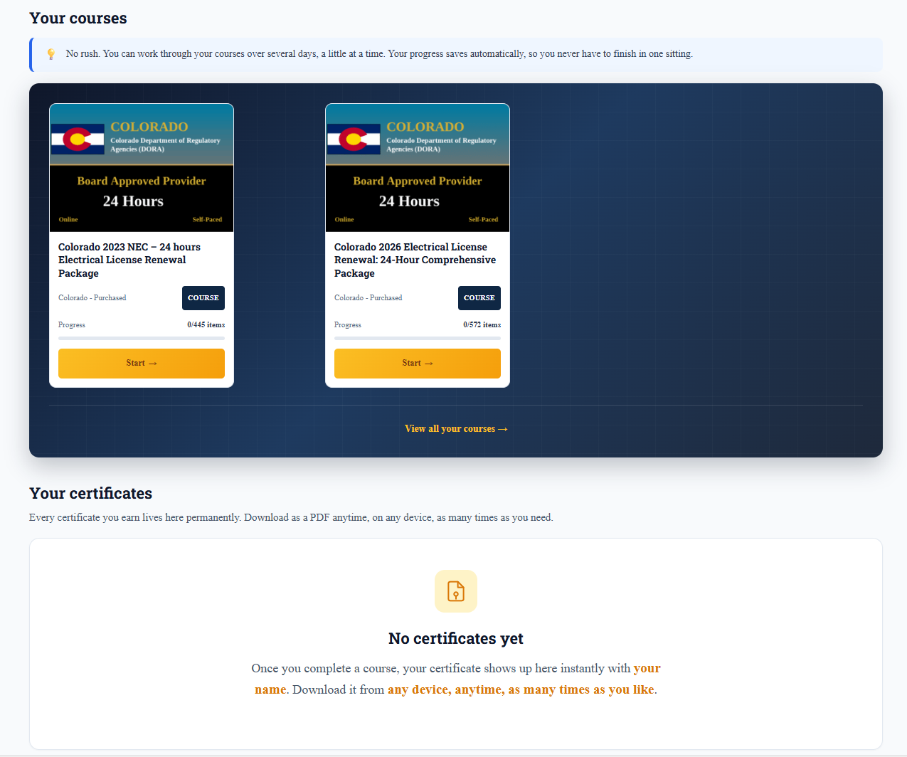 The Your certificates section below Your courses on a computer, before any course has been finished