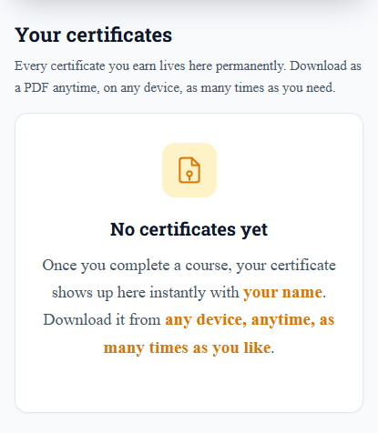 The Your certificates section on a phone, before any course has been finished