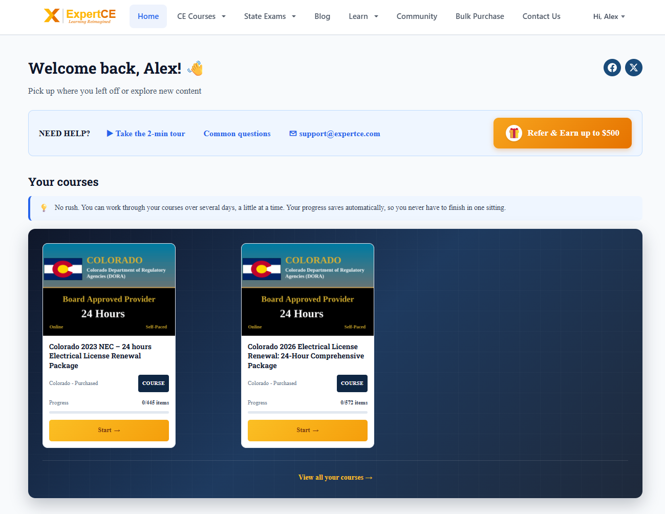 The Your courses section on a computer, with two purchased Colorado course cards, each showing a progress bar and a Start button