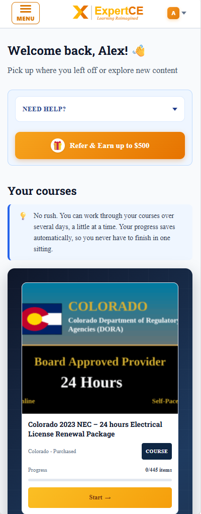 The Your courses section on a phone, with a purchased course card showing a progress bar and a Start button